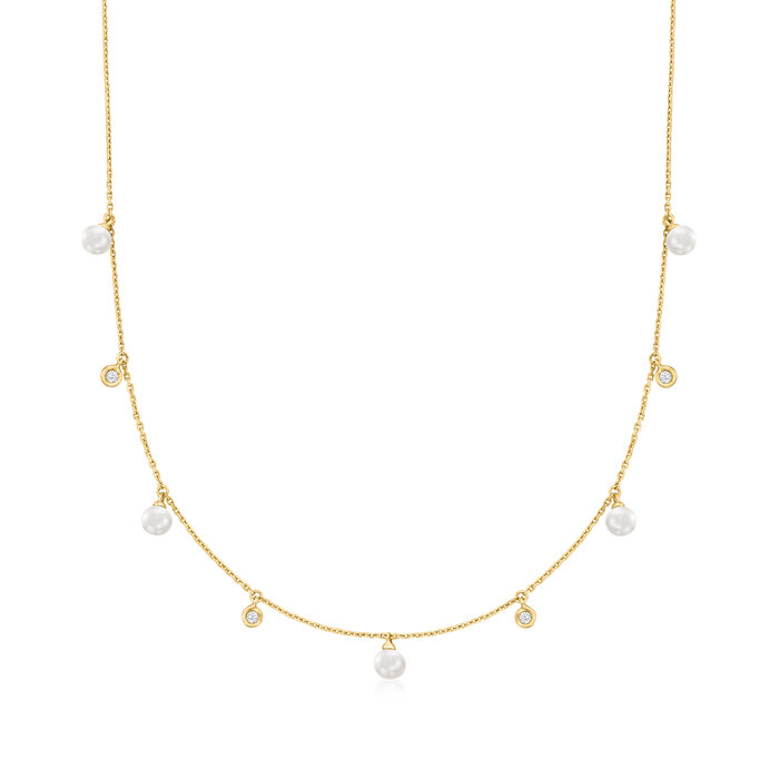 4.5-5mm Cultured Pearl and .10 ct. t.w. Diamond Station Necklace in 14kt Yellow Gold