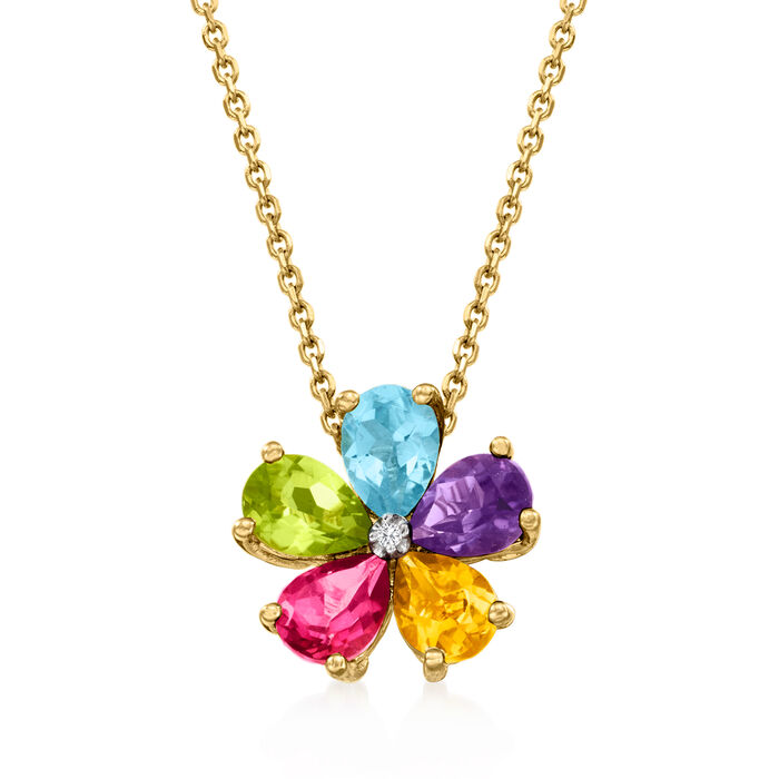 3.60 ct. t.w. Multi-Gemstone Flower Pendant Necklace with Diamond Accent in 18kt Gold Over Sterling