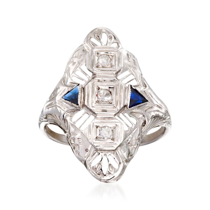 C. 1950 Vintage .15 ct. t.w. Synthetic Sapphire and .12 ct. t.w. Diamond Ring in 18kt White Gold