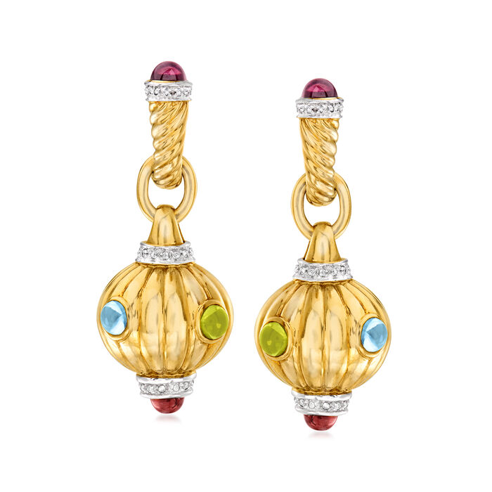 C. 1980 Vintage 5.55 ct. t.w. Multi-Gemstone and .30 ct. t.w. Diamond Drop Earrings in 14kt Yellow Gold