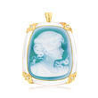 C. 1980 Vintage Blue Agate and Mother-of-Pearl Cameo Pin/Pendant with Diamond Accents in 18kt Yellow Gold