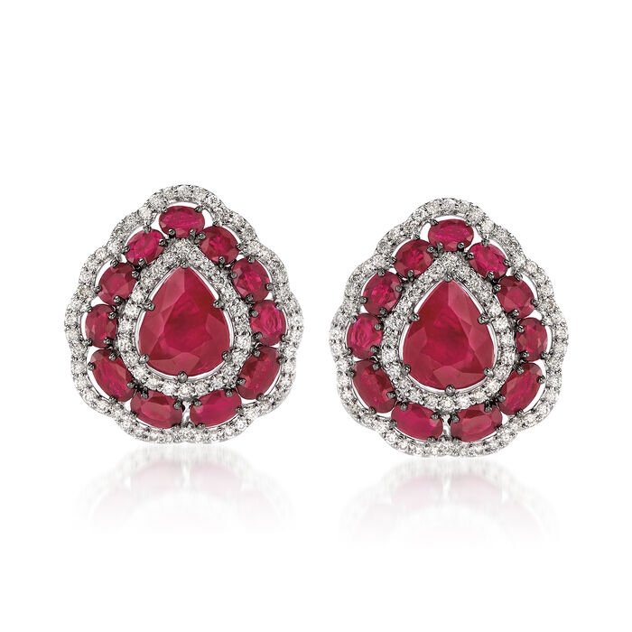 11.25 ct. t.w. Ruby and 1.15 ct. t.w. Diamond Scallop-Edged Earrings in 14kt White Gold