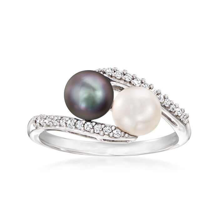6-6.5mm Black and White Cultured Button Pearl and .13 ct. t.w. Diamond Bypass Ring in Sterling Silver