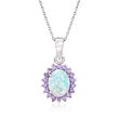 Simulated Opal and Simulated Amethyst Oval Pendant Necklace in Sterling Silver