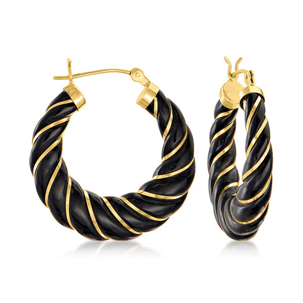 Black Agate Twisted Hoop Earrings in 14kt Yellow Gold. #922745