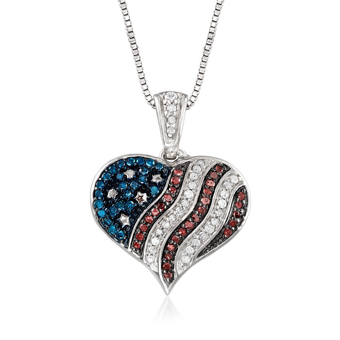 .23 ct. t.w. Multicolored Diamond American Flag Heart Pendant Necklace in Sterling Silver