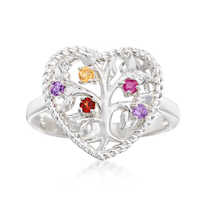 Personalized Birthstone Tree of Life Heart Ring in Sterling Silver