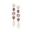 Purple Turquoise, 6-9mm Cultured Pearl and 3.60 ct. t.w. Amethyst Drop Earrings in 18kt Gold Over Sterling