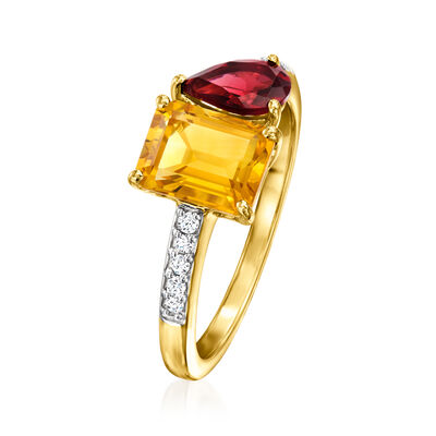 1.70 Carat Citrine and .90 Carat Garnet Toi et Moi Ring with .11 ct. t.w. Diamonds in 14kt Yellow Gold