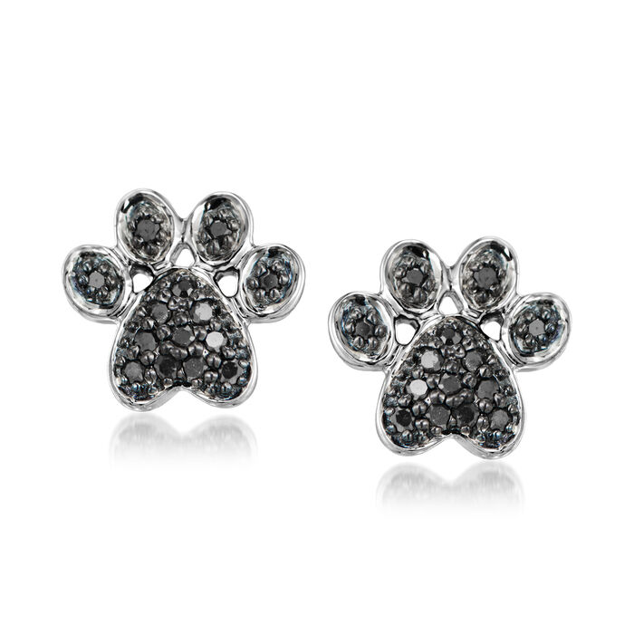 Black Diamond-Accented Paw Print Earrings in 14kt White Gold