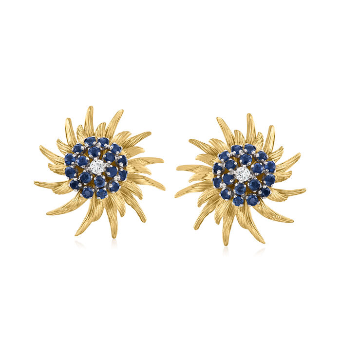C. 1970 Vintage 1.80 ct. t.w. Sapphire and .20 ct. t.w. Diamond Flower Clip-On Earrings in 18kt Yellow Gold