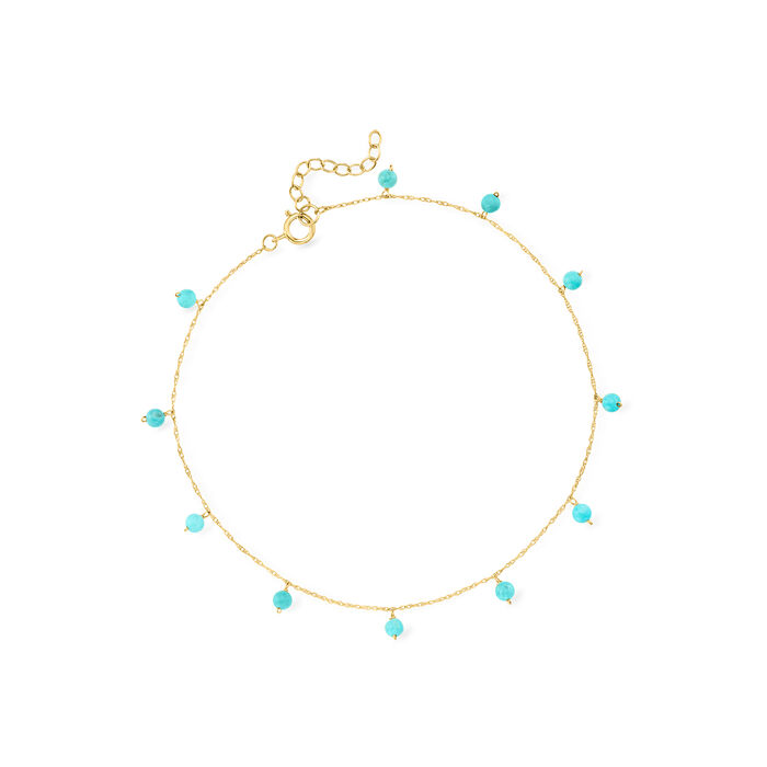 3-3.5mm Turquoise Bead Station Anklet in 14kt Yellow Gold