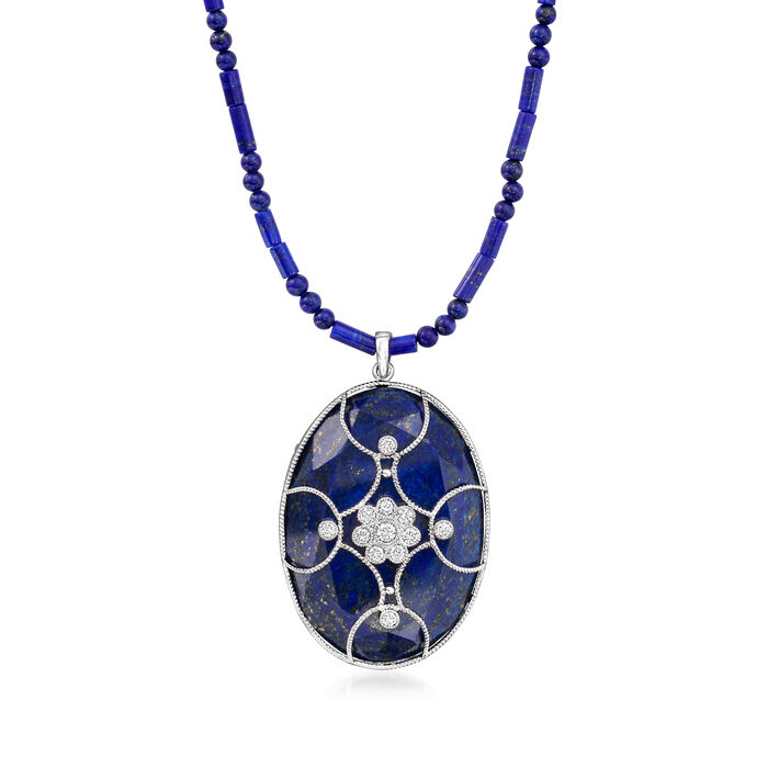 C. 1990 Vintage Lapis and .35 ct. t.w. Diamond Pendant Necklace in 14kt and 18kt White Gold