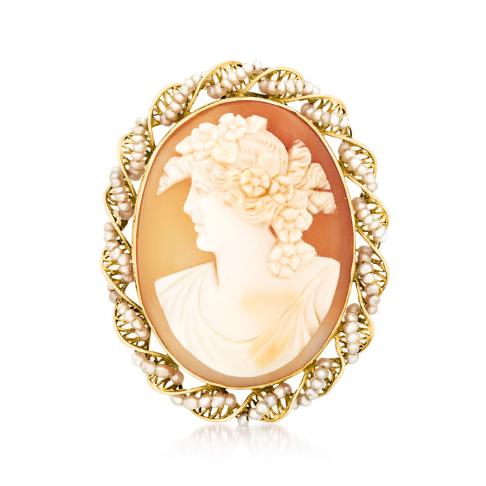 C. 1940 Vintage Orange Shell and Seed Pearl Left-Facing Cameo Pin in 10kt Yellow Gold