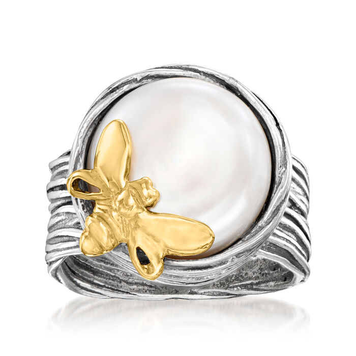 14-15mm Cultured Coin Pearl Bumblebee Ring in Sterling Silver and 14kt Yellow Gold