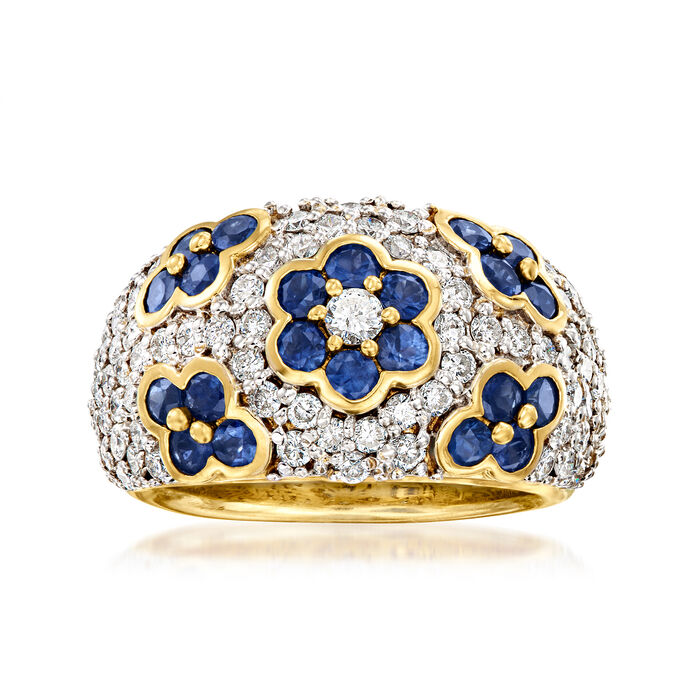 C. 1990 Vintage 2.00 ct. t.w. Diamond and 1.75 ct. t.w. Sapphire Floral Ring in 18kt Yellow Gold