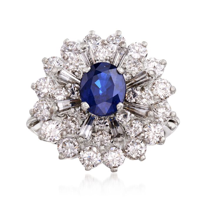 C. 1980 Vintage 1.28 Carat Sapphire and 2.40 ct. t.w. Diamond Cluster Ring in Platinum