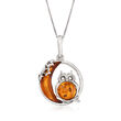 Amber Owl and Crescent Moon Pendant Necklace