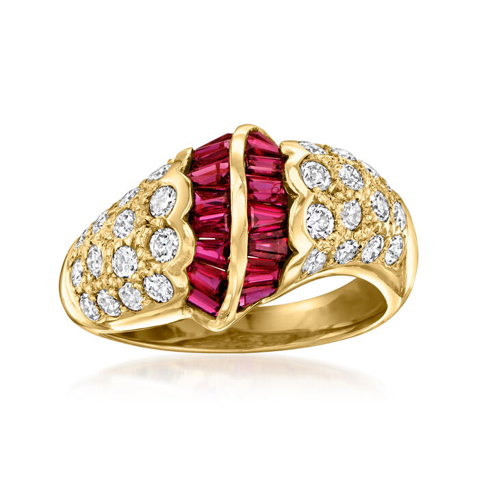 C. 1980 Vintage .99 ct. t.w. Ruby and .76 ct. t.w. Diamond Ring in 18kt Yellow Gold