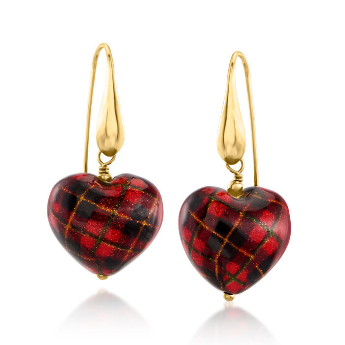 Italian Murano Glass Tartan Heart Drop Earrings in 18kt Gold Over Sterling