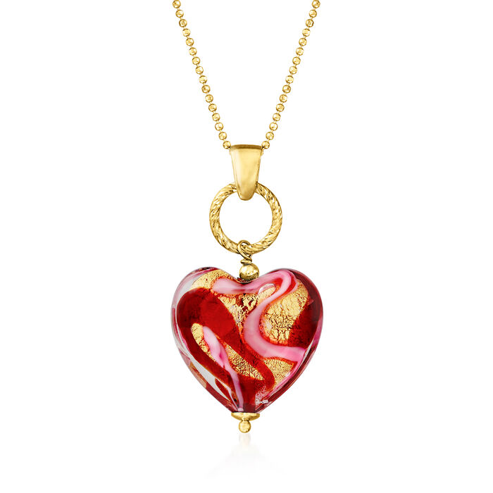 Italian Red and Pink Murano Glass Heart Pendant Necklace in 18kt Gold Over Sterling