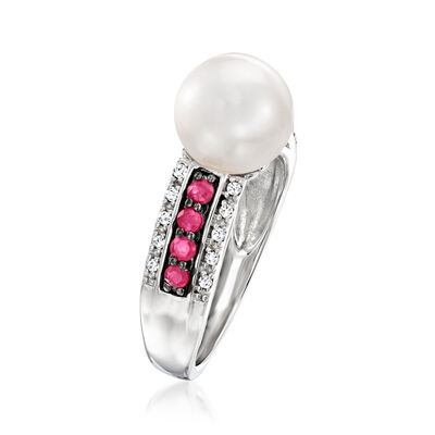 9mm Cultured Pearl, .40 ct. t.w. Ruby and .10 ct. t.w. Diamond Ring in Sterling Silver