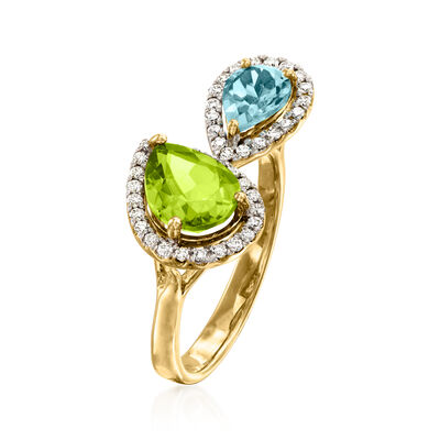 C. 1990 Vintage 1.85 Carat Peridot and .80 Carat Swiss Blue Topaz Ring with .45 ct. t.w. Diamonds in 9kt Yellow Gold