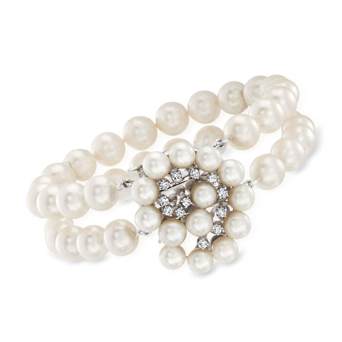 C. 1950 Vintage 6.5-8.7mm Cultured Pearl and .80 ct. t.w. Diamond Two-Row Bracelet in Platinum and 14kt White Gold
