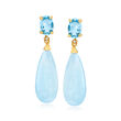 16.00 ct. t.w. Aquamarine and 1.80 ct. t.w. Sky Blue Topaz Drop Earrings with Diamond Accents in 14kt Yellow Gold