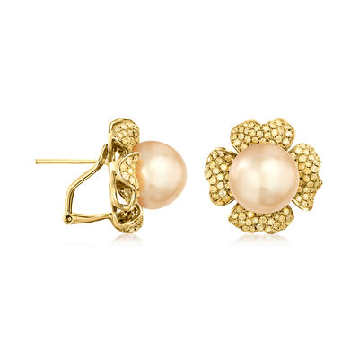 10-12mm Golden Cultured South Sea Pearl Earrings with 1.65 ct. t.w. Yellow Diamonds in 18kt Yellow Gold