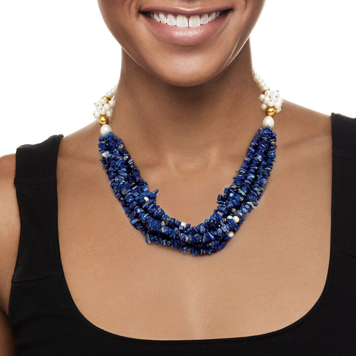 Lapis Bead Necklace with 4.5-5.5mm Cultured Pearls in 18kt Gold Over Sterling 18-inch