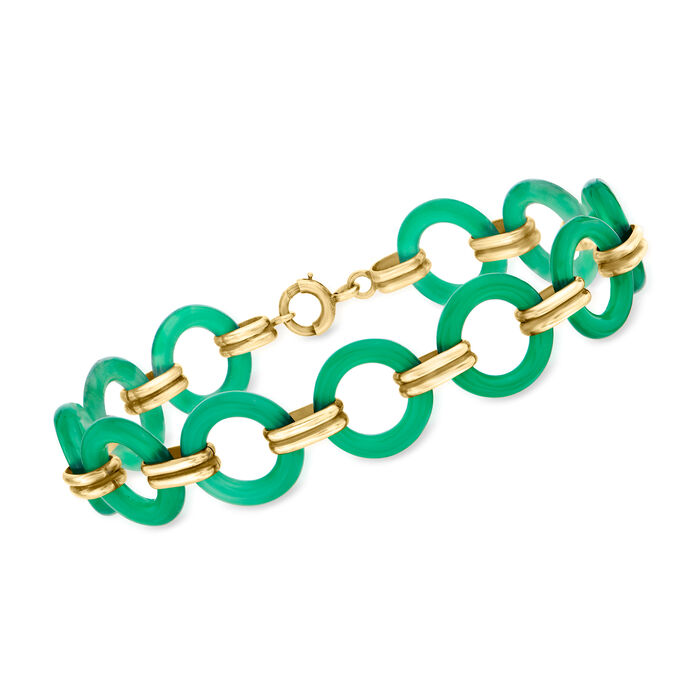 C. 1935 Vintage Green Chalcedony Link Bracelet in 14kt Yellow Gold