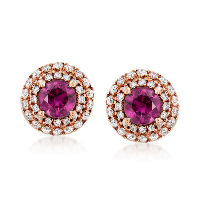 C. 1990 Vintage .70 ct. t.w. Ruby and .46 ct. t.w. Diamond Earrings in 18kt Rose Gold