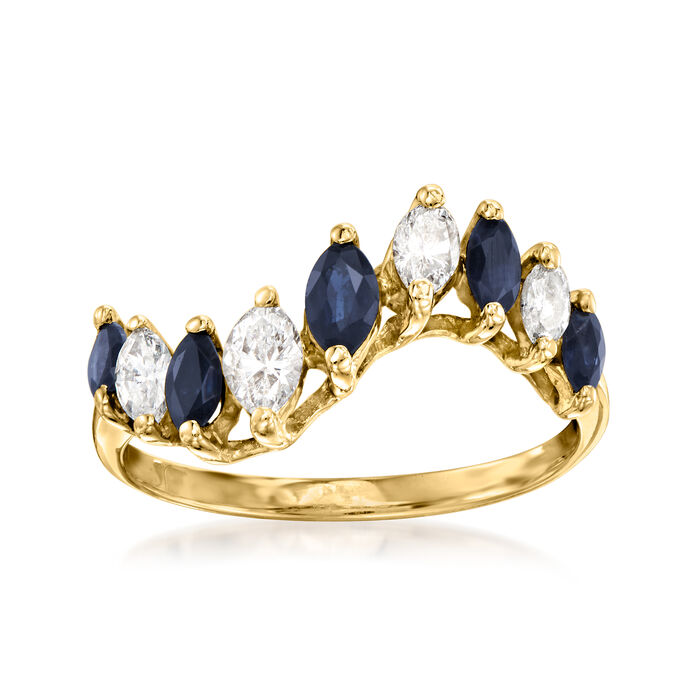 C. 2000 Vintage .30 ct. t.w. Diamond and .25 ct. t.w. Sapphire Wave Ring in 14kt Yellow Gold