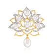 5.5-7.5mm Cultured Pearl and .33 ct. t.w. Diamond Lotus Flower Pin in 18kt Gold Over Sterling