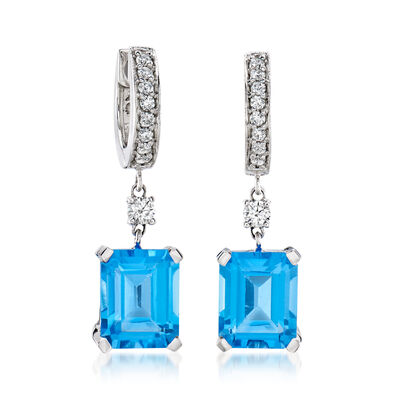 8.00 ct. t.w. Swiss Blue Topaz and .40 ct. t.w. Diamond Hoop Drop Earrings in 14kt White Gold