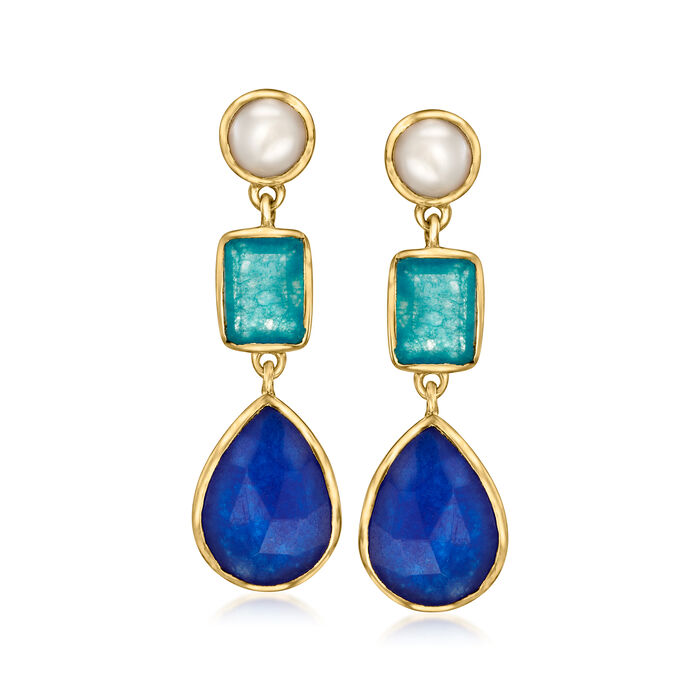 6mm Cultured Pearl and 10.35 ct. t.w. Tonal Blue Quartz Drop Earrings in 18kt Gold Over Sterling