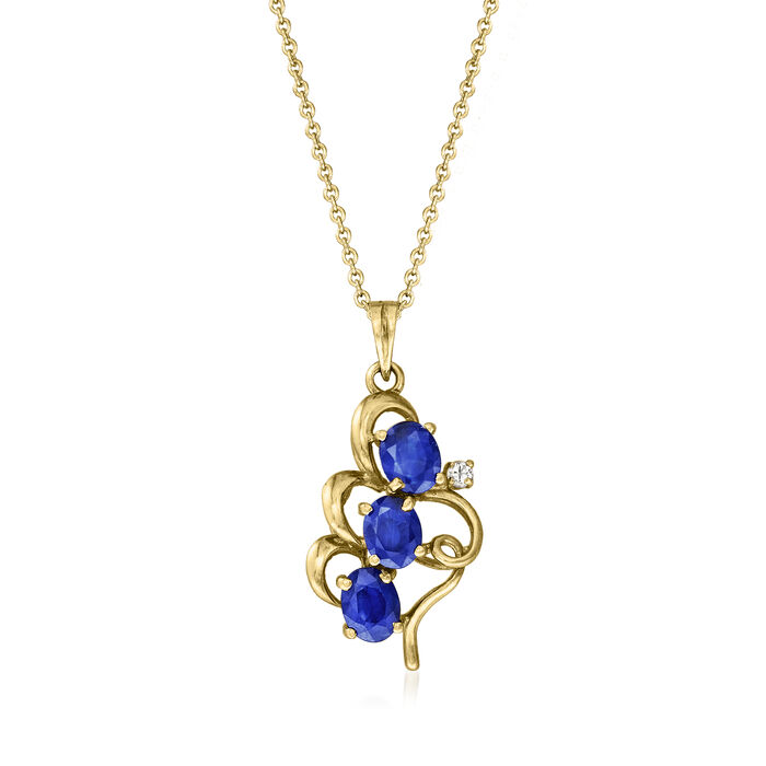 C. 1990 Vintage 1.35 ct. t.w. Sapphire Pendant Necklace with Diamond Accents in 14kt Yellow Gold