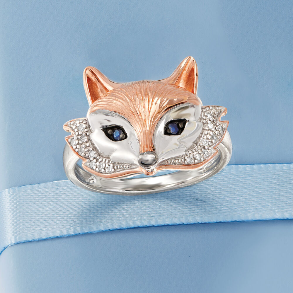Two-Tone Sterling Silver Fox Ring with Sapphire and Diamond Accents ...