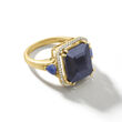 7.75 ct. t.w. Sapphire Three-Stone Ring with .14 ct. t.w. Diamonds in 18kt Gold Over Sterling