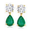 1.20 ct. t.w. Pear-Shaped Emerald and 1.00 ct. t.w. Round Lab-Grown Diamond Drop Earrings in 14kt Yellow Gold