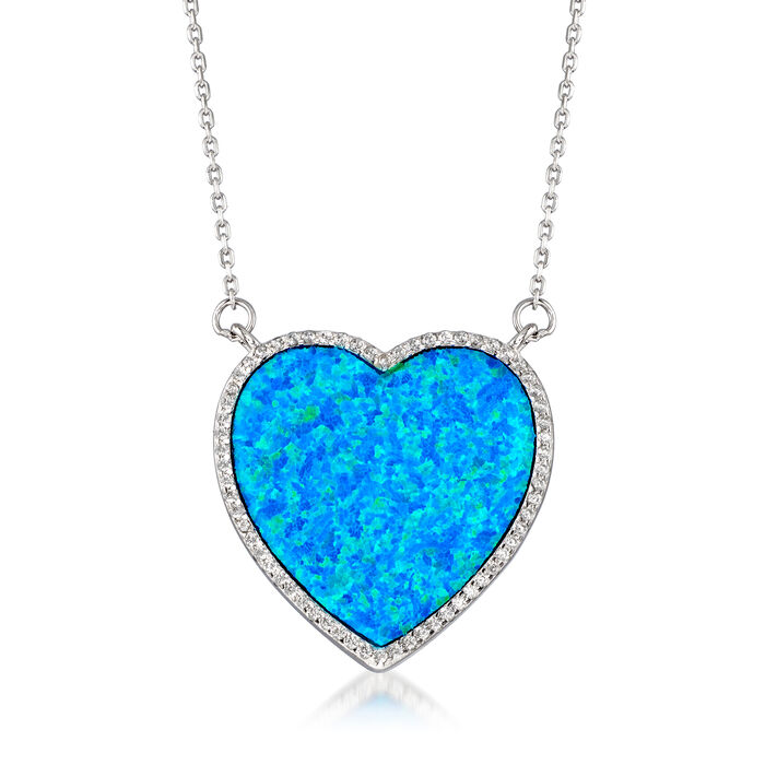 Blue Synthetic Opal and .30 ct. t.w. CZ Heart-Shaped Necklace in Sterling Silver