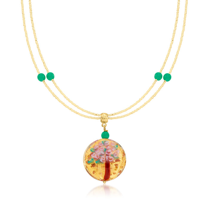 Italian Multicolored Murano Glass Rose Tree Pendant Necklace with 18kt Gold Over Sterling
