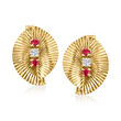 C. 1970 Vintage .25 ct. t.w. Ruby and .12 ct. t.w. Diamond Fluted Earrings in 18kt Yellow Gold