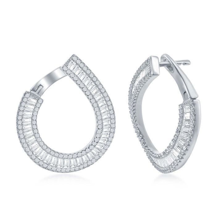 3.45 ct. t.w. Baguette and Round CZ Double Hoop Earrings in Sterling Silver