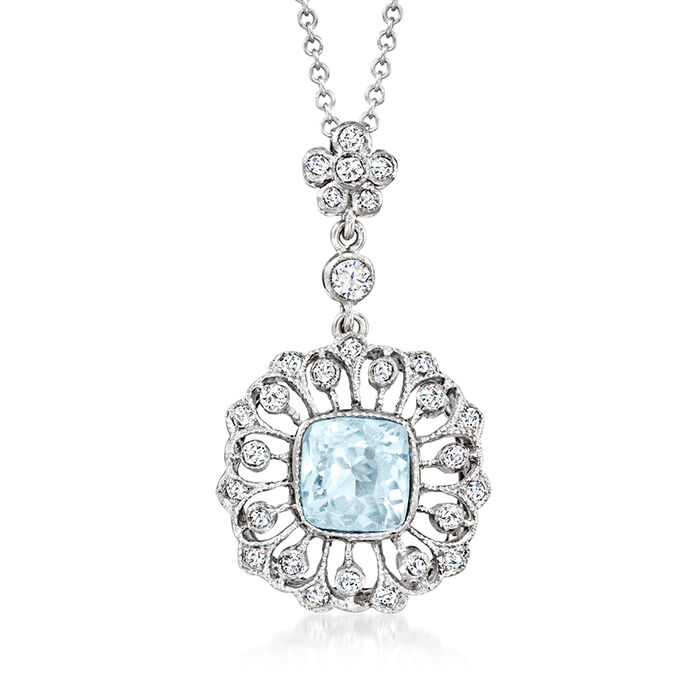 C. 1980 Vintage 1.25 Carat Aquamarine and .35 ct. t.w. Diamond Floral Drop Pendant Necklace in 14kt and 18kt White Gold