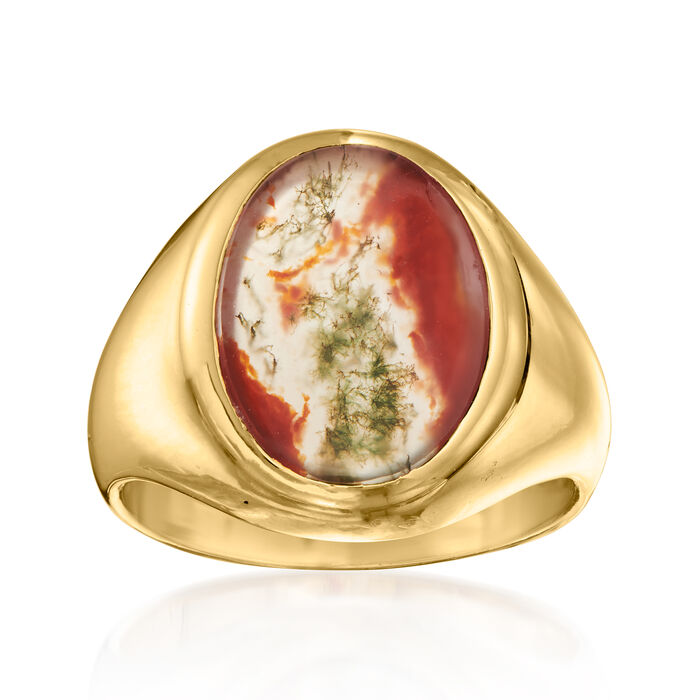 C. 1980 Vintage Moss Agate Ring in 14kt Yellow Gold