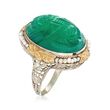 C. 1950 Vintage Carved Green Chalcedony and Cultured Seed Pearl Ring in 14kt Two-Tone Gold