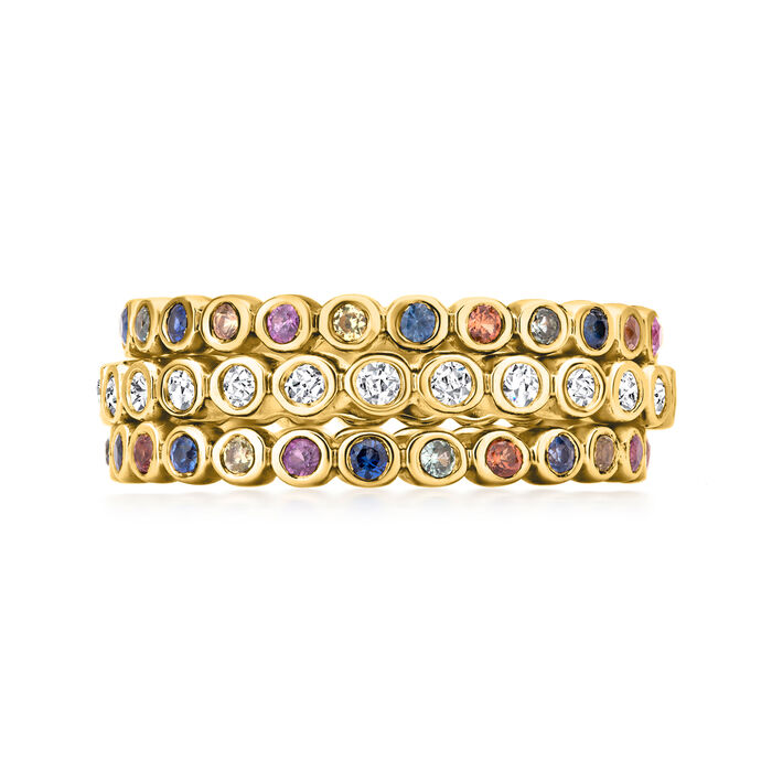 .80 ct. t.w. Multicolored Sapphire and .62 ct. t.w. Diamond Jewelry Set: Three Eternity Bands in 14kt Yellow Gold
