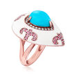 Turquoise, .90 ct. t.w. Rhodolite Garnet and .70 ct. t.w. White Zircon Ring with White Enamel in 18kt Rose Gold Over Sterling